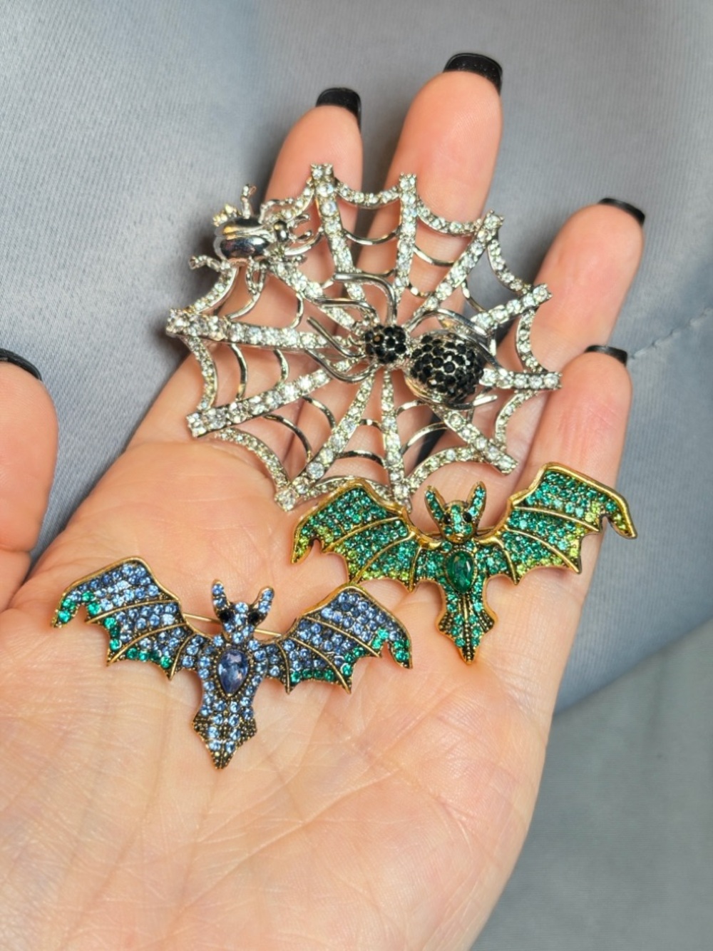 Halloween Brooch Set Spider Web Bat Pins Rhinestone Green Blue Gothic